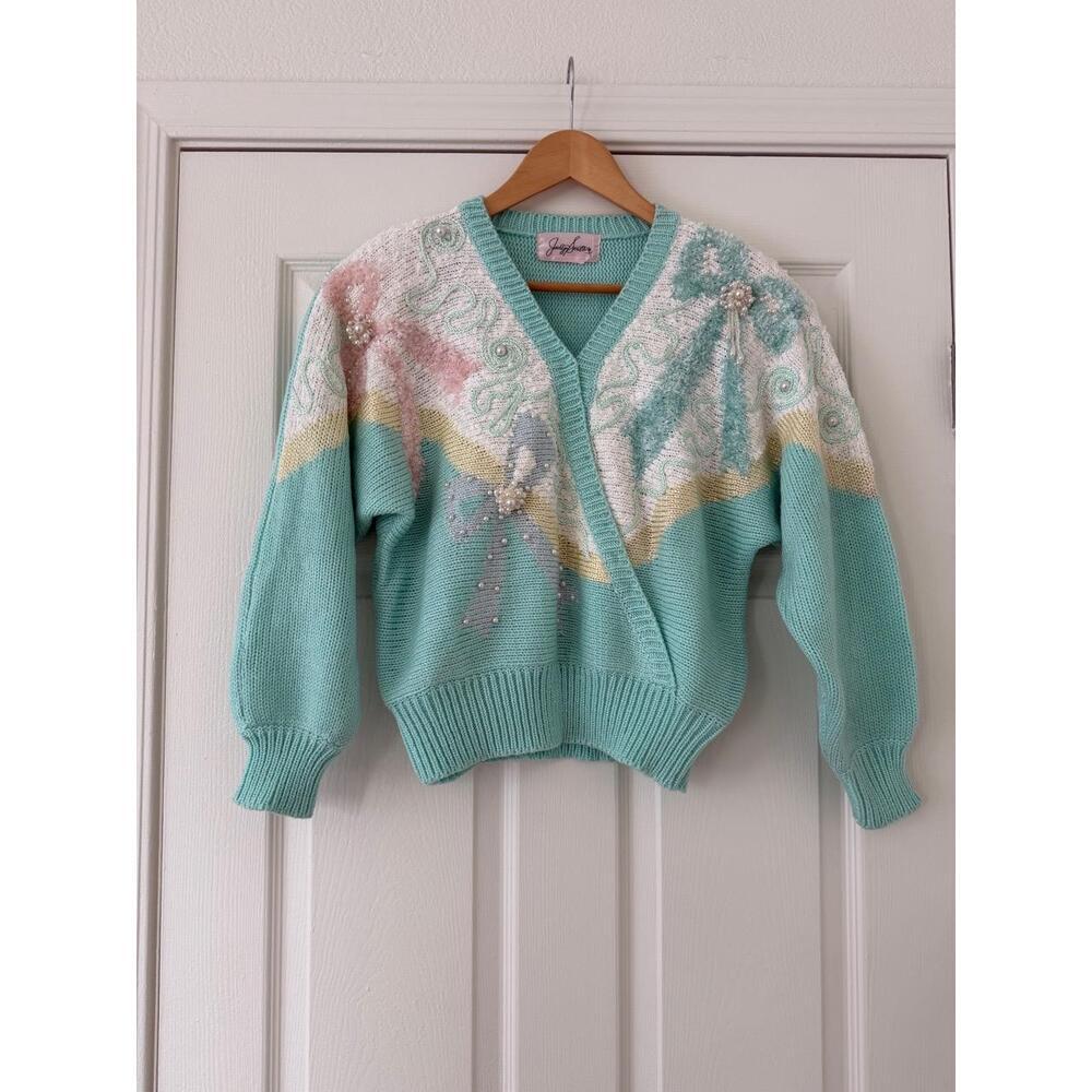 Gorgeous Vintage 80s Jaclyn Smith Pastel Bow Sweater Size Medium